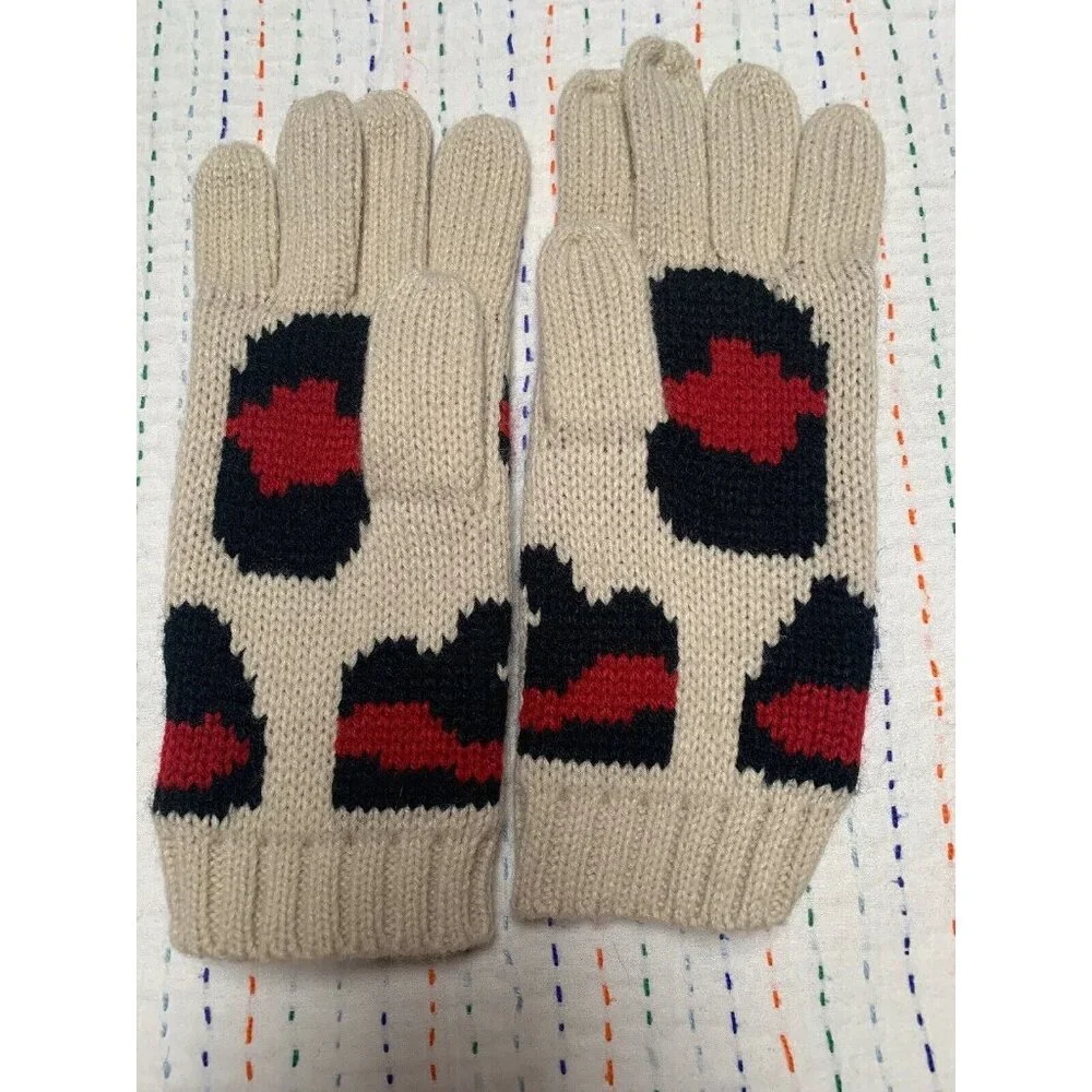 Pepe Jeans Rascals Gloves Ivory Red Black Knitted Ribbed Trim Hand Warmer Winter